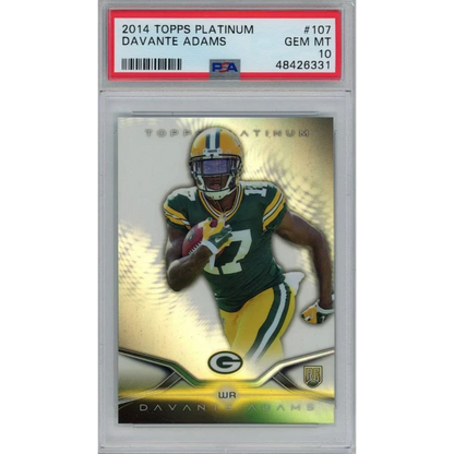 A graded 2014 Topps Platinum Davante Adams football rookie card in PSA case