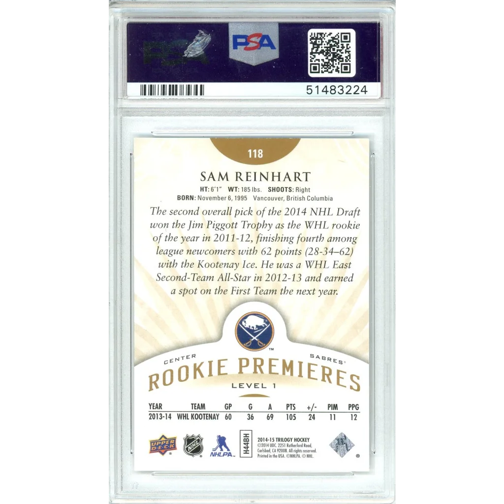 PSA graded Sam Reinhart 2014 Upper Deck Trilogy rookie hockey card for sale
