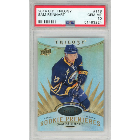 PSA graded 2014 Upper Deck Trilogy Sam Reinhart rookie hockey card on display