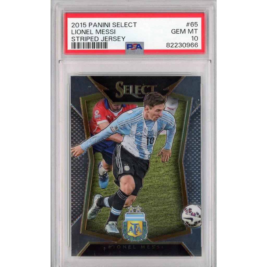 Graded 2015 Panini Select Lionel Messi soccer card in striped jersey with GEM MT 10 grade