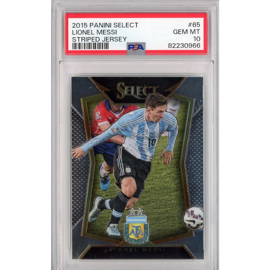 Graded 2015 Panini Select Lionel Messi soccer card in striped jersey with GEM MT 10 grade