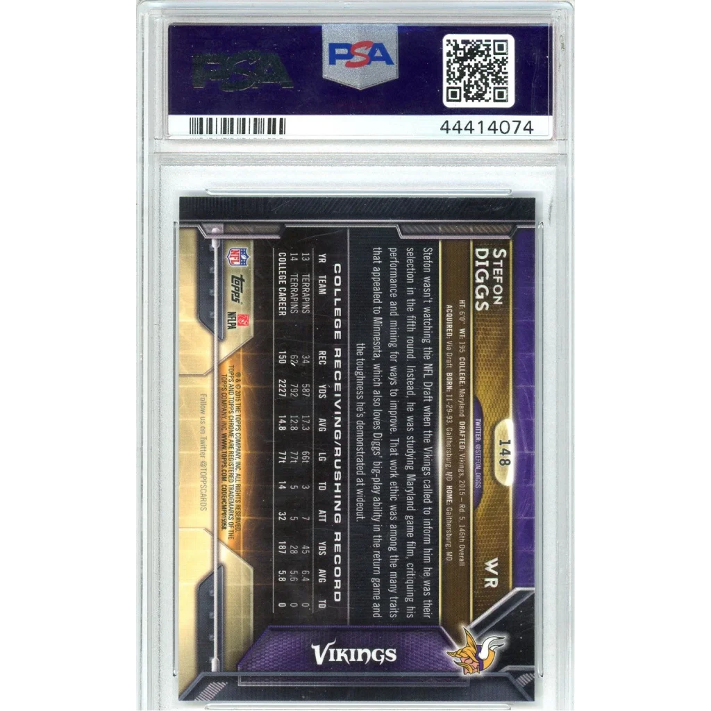 Graded 2015 Topps Chrome Stefon Diggs #148 Purple Refractor Rookie RC Football Card PSA 10 Gem Mint | PSA 10 Gem Mint Graded Rookie Card | vintageantiquesgifts.com