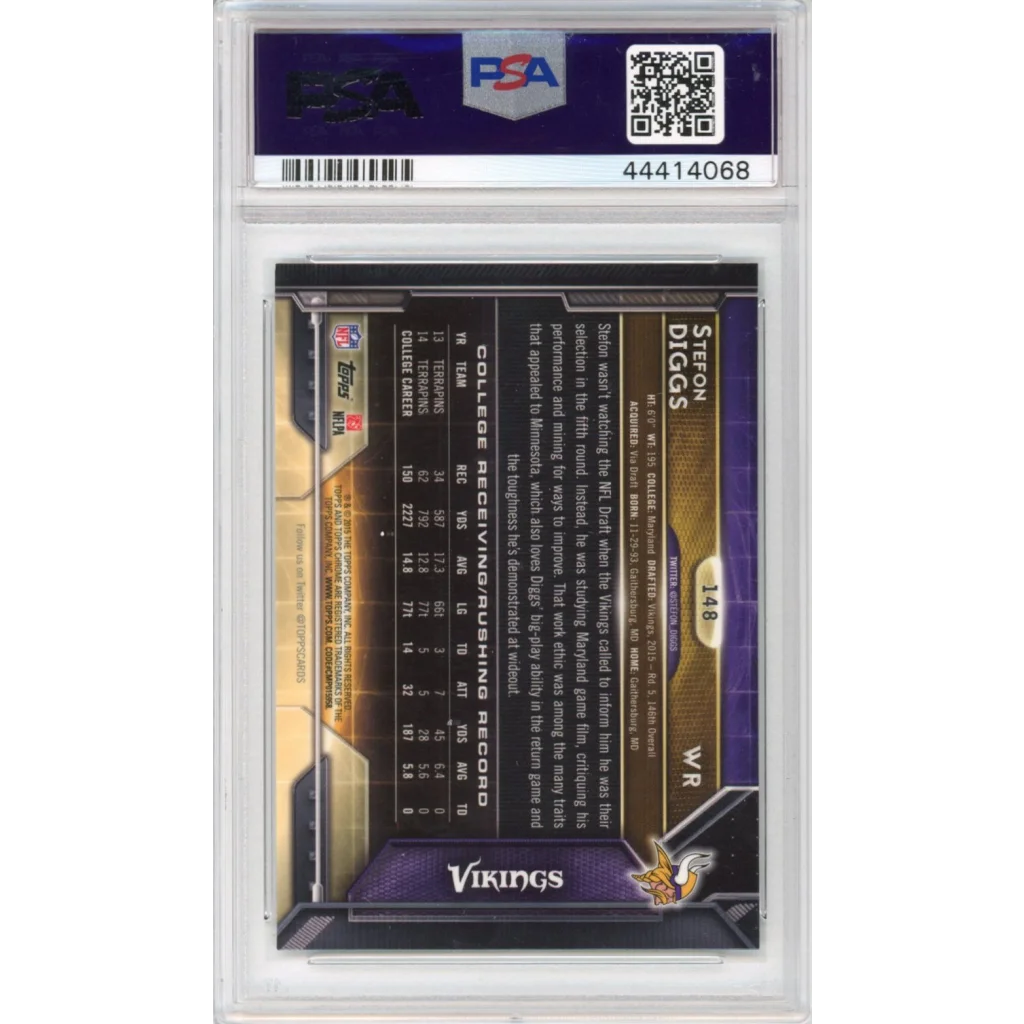 A graded PSA 10 Stefon Diggs 2015 Topps Chrome Rookie Card Gem Mint showing a football trading card