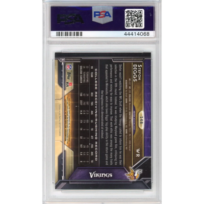A graded PSA 10 Stefon Diggs 2015 Topps Chrome Rookie Card Gem Mint showing a football trading card
