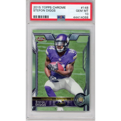 A graded 2015 Topps Chrome Stefon Diggs rookie card PSA GEM MT 10 displayed in product name