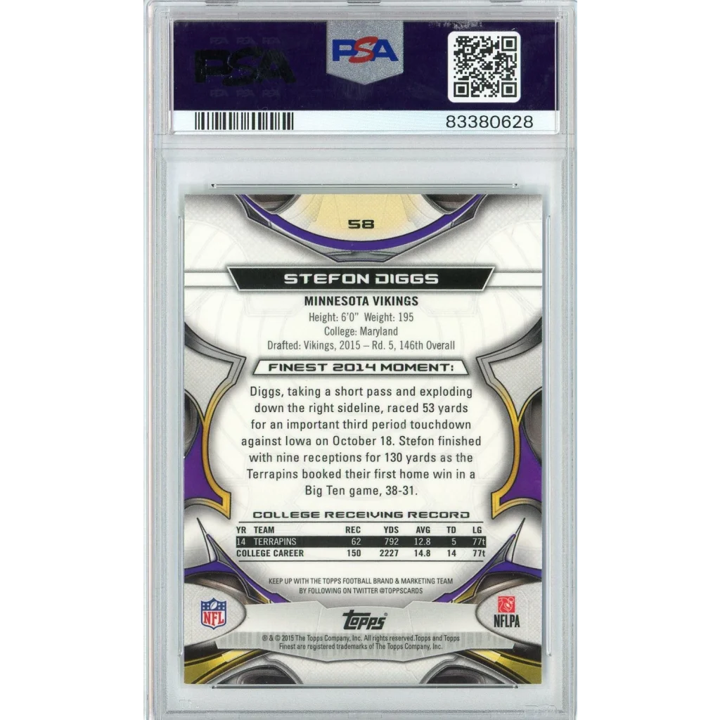 A graded Stefon Diggs 2015 Finest PSA 10 professional sports card from Topps Finest