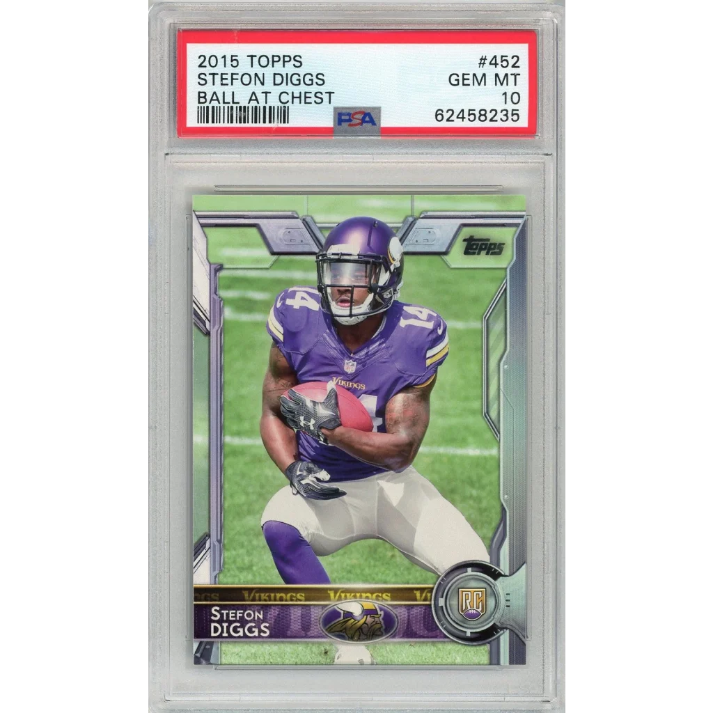 A graded 2015 Topps Stefon Diggs rookie football card with PSA Gem Mint 10 rating