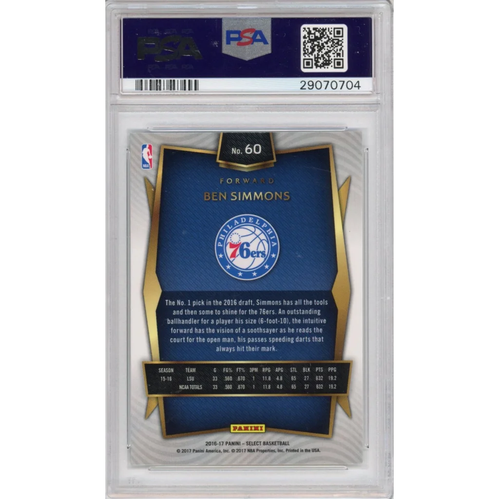 Graded PSA 10 gem mint 2016-17 Panini Select Ben Simmons rookie card