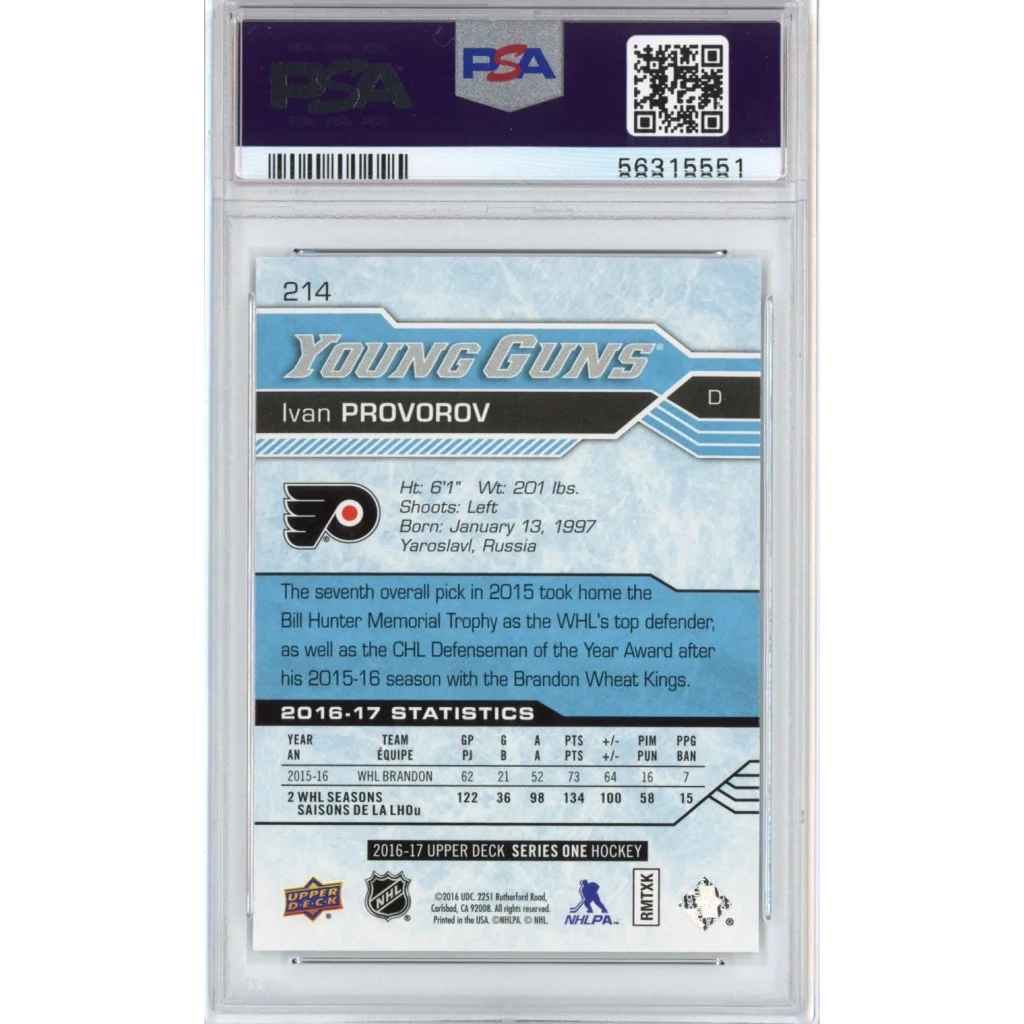 Graded 2016-17 Upper Deck UD Ivan Provorov #214 Rookie RC Hockey Card PSA 10 Gem Mint | PSA 10 Gem Mint Graded Rookie Card | vintageantiquesgifts.com