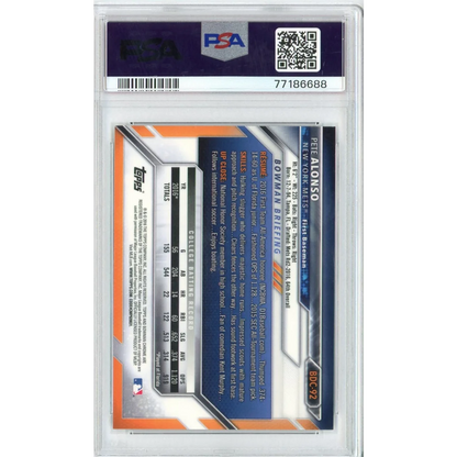 PSA graded 2019 Panini Donruss Pete Alonso rookie card with blue orange design and stats
