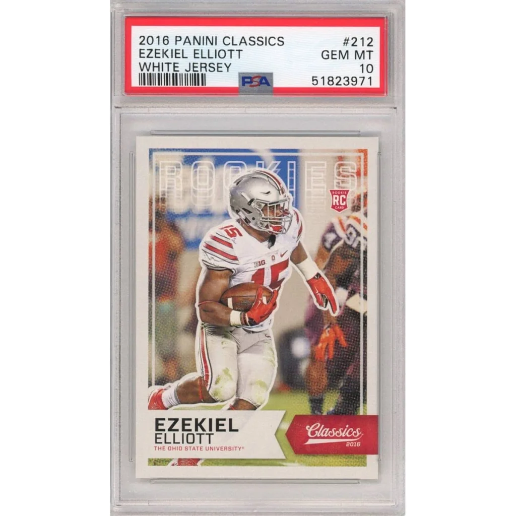 Graded Ezekiel Elliott white jersey rookie card PSA 10, silver helmet player #15