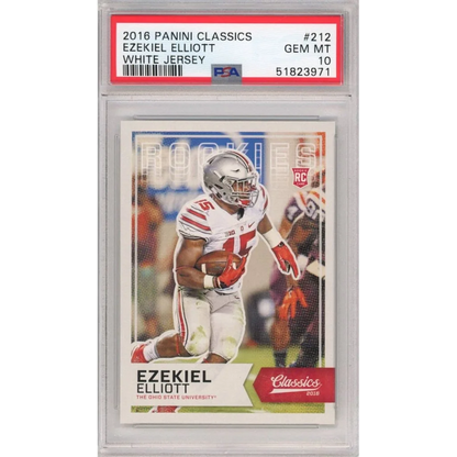 Graded Ezekiel Elliott white jersey rookie card PSA 10, silver helmet player #15
