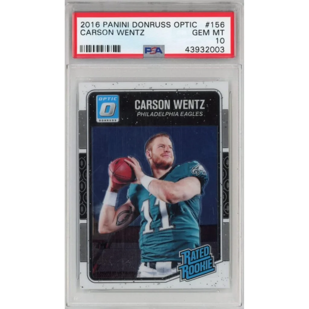 PSA Graded Carson Wentz 2016 Panini Donruss Optic Rookie Card on display