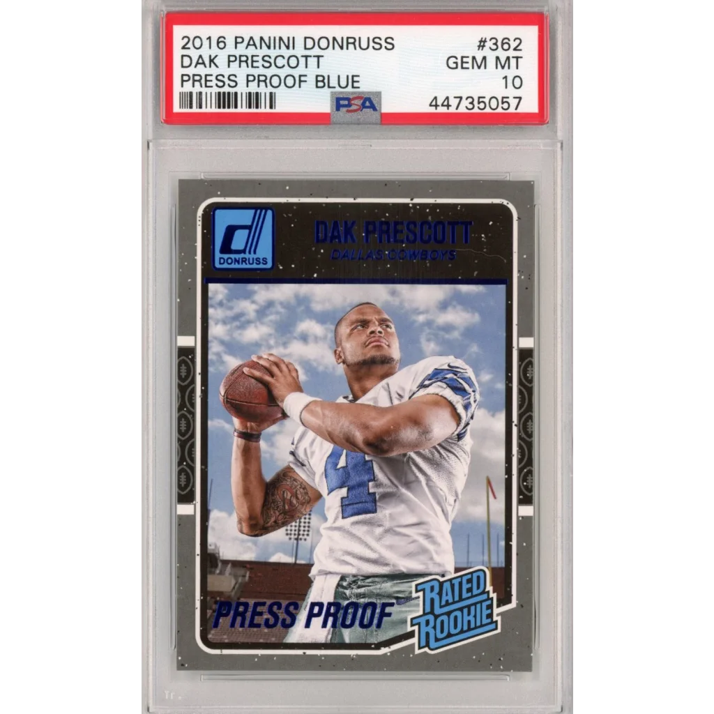2016 Panini Donruss Dak Prescott Press Proof Blue football card graded GEM MT 10 by Professional Sports Authenticator