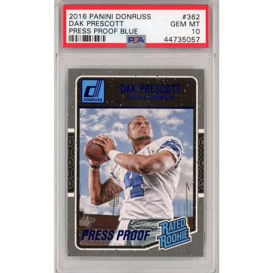 2016 Panini Donruss Dak Prescott Press Proof Blue football card graded GEM MT 10 by Professional Sports Authenticator