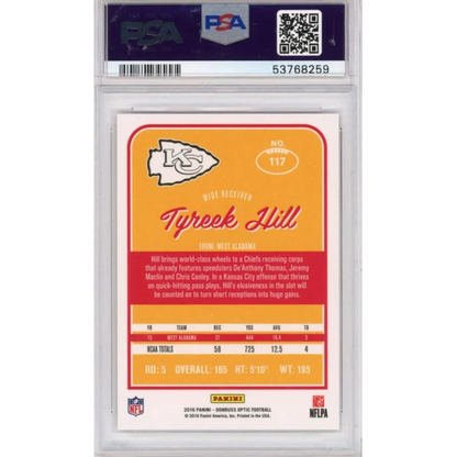 Back of graded 2016 Panini Donruss Optic Tyreek Hill #117 RC PSA 10 slab