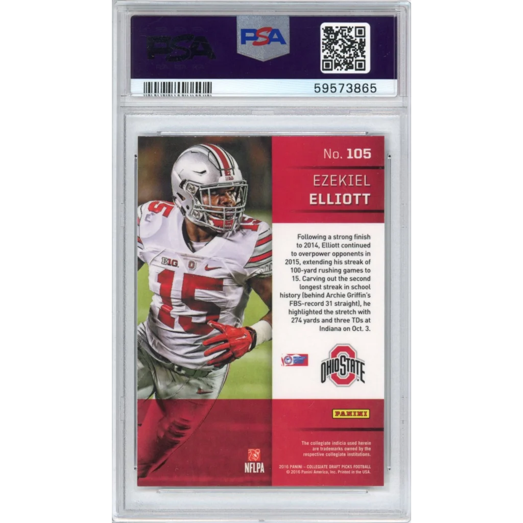 A graded Ezekiel Elliott 2016 Panini Prizm rookie football card in PSA case