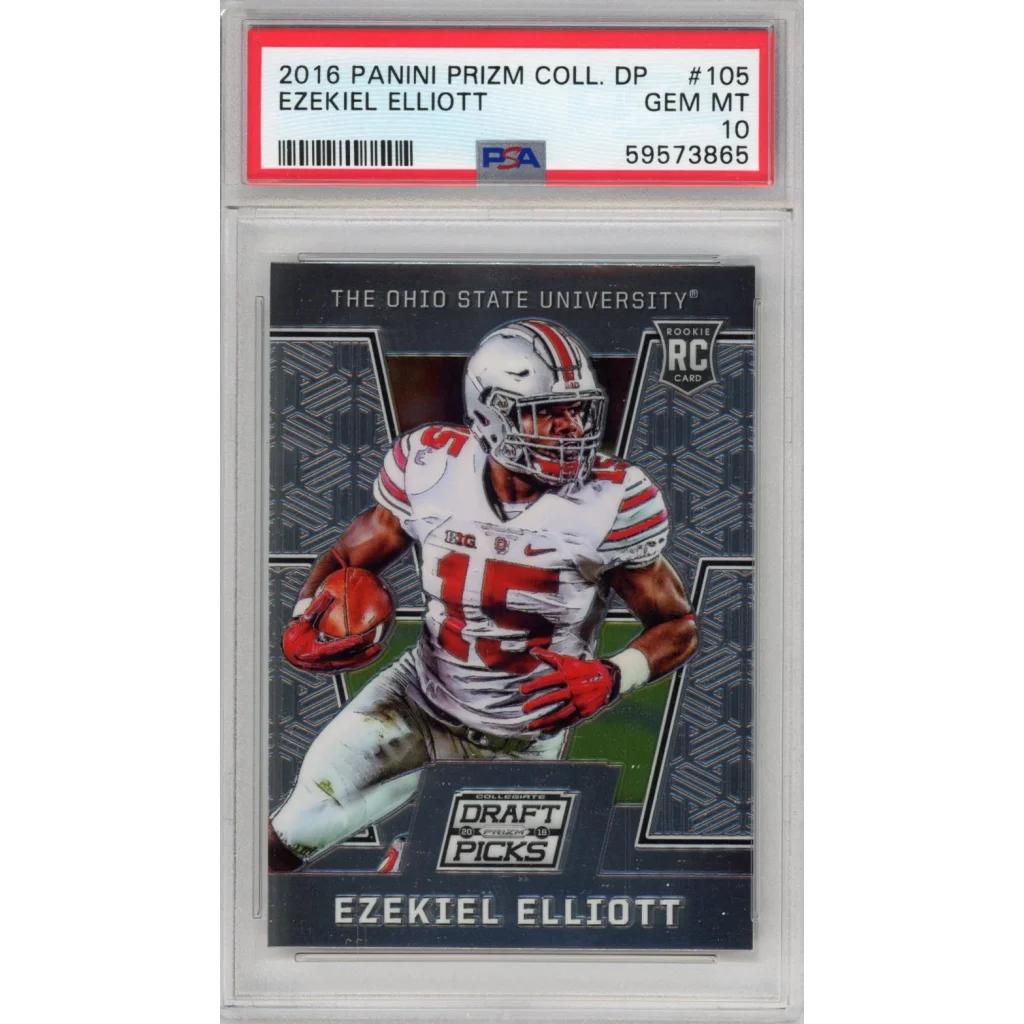 PSA graded 2016 Panini Prizm Ezekiel Elliott rookie football card on display