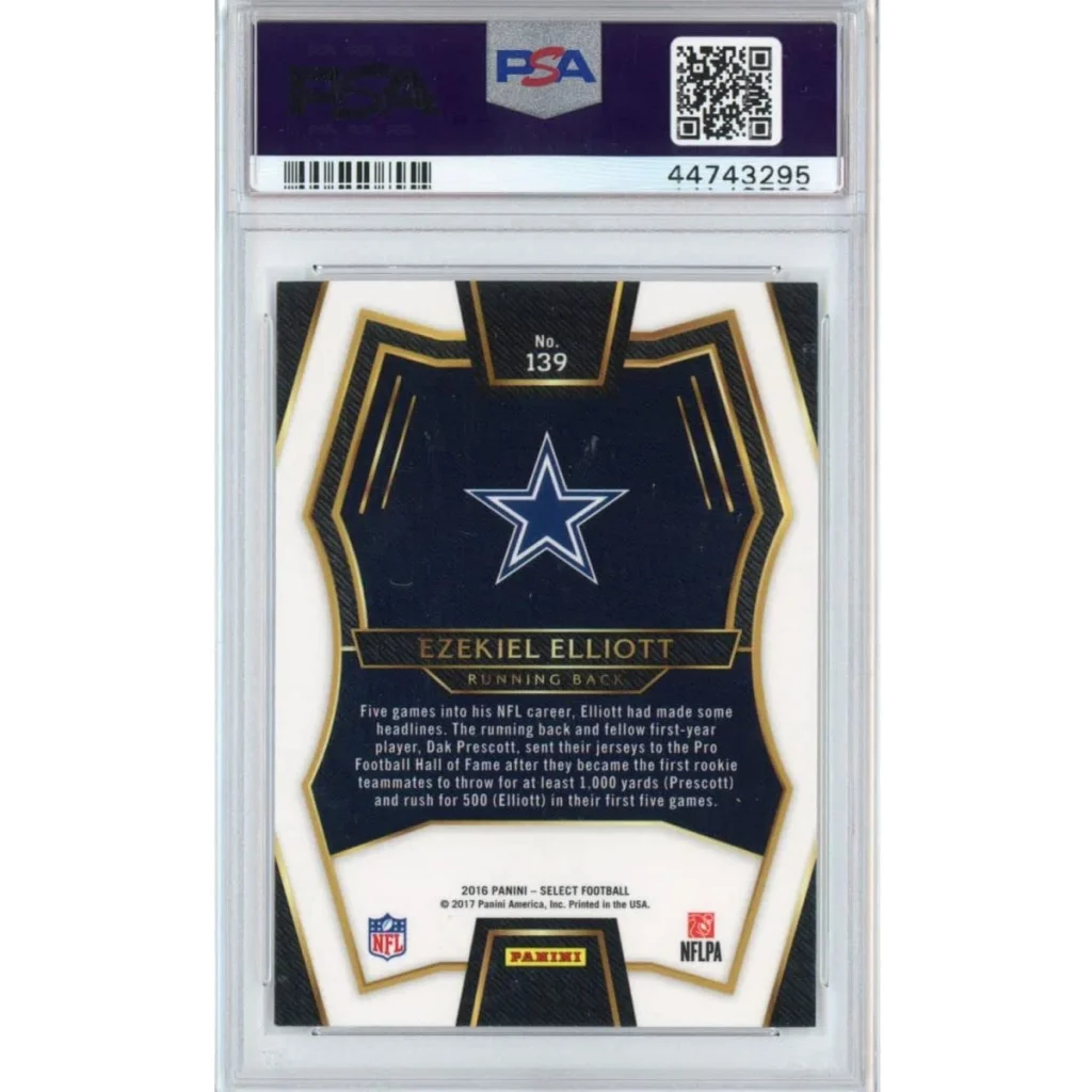 Graded PSA 10 Ezekiel Elliott 2016 Panini Select Rookie Card Gem Mint displayed