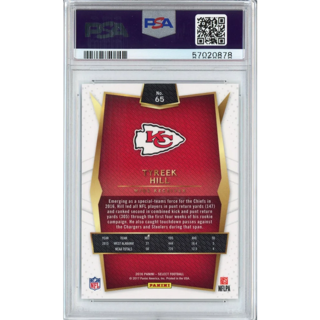 Graded 2016 Panini Select Tyreek Hill #65 Rookie RC Football Card PSA 10 Gem Mint | PSA 10 Gem Mint Graded Rookie Card | vintageantiquesgifts.com