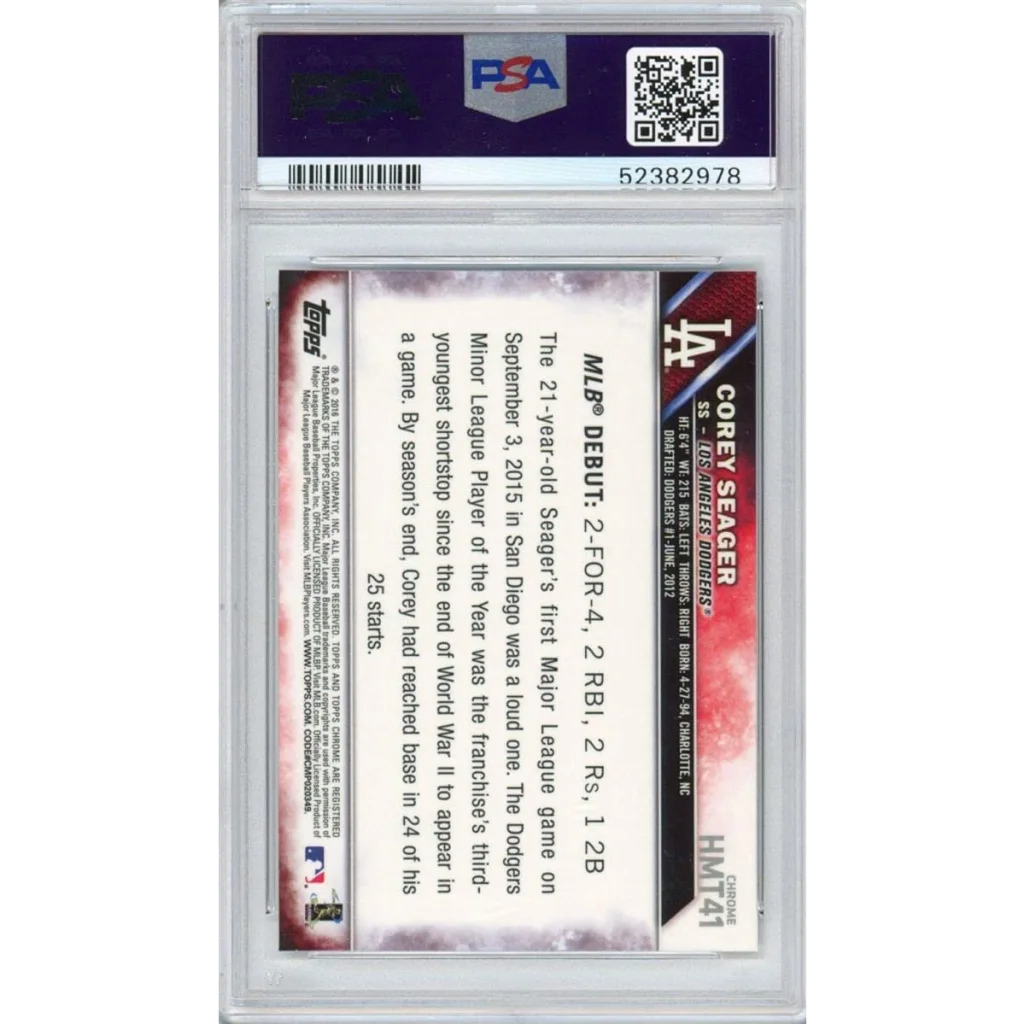 Corey Seager 2016 Topps Chrome Baseball Card graded by PSA in a protective case