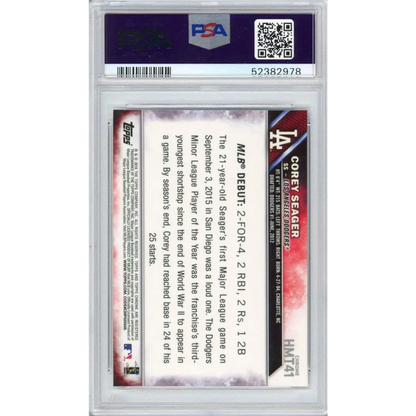 Corey Seager 2016 Topps Chrome Baseball Card graded by PSA in a protective case