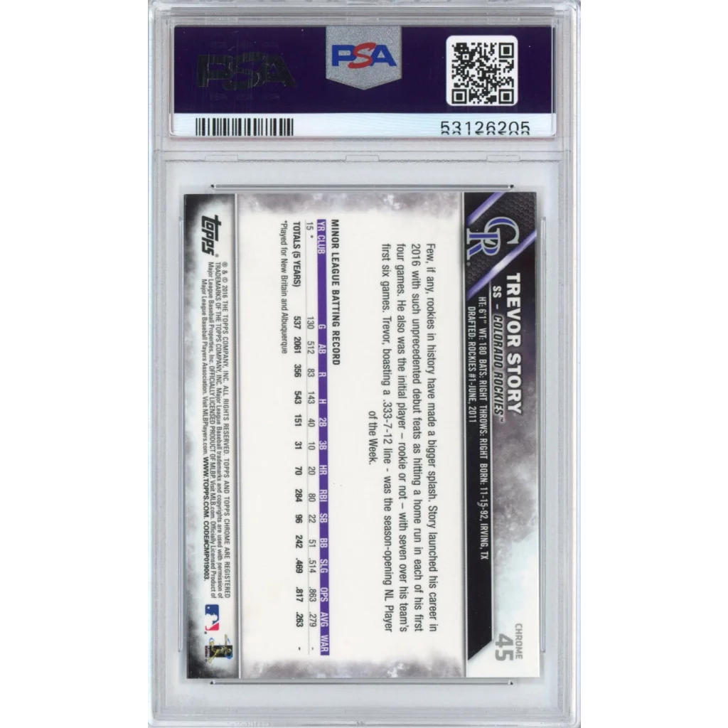 A graded PSA 10 Trevor Story 2016 Topps Chrome Rookie Card baseball card