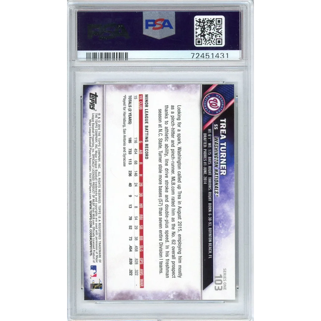Trea Turner baseball card PSA graded Gem Mint 2016 Topps display