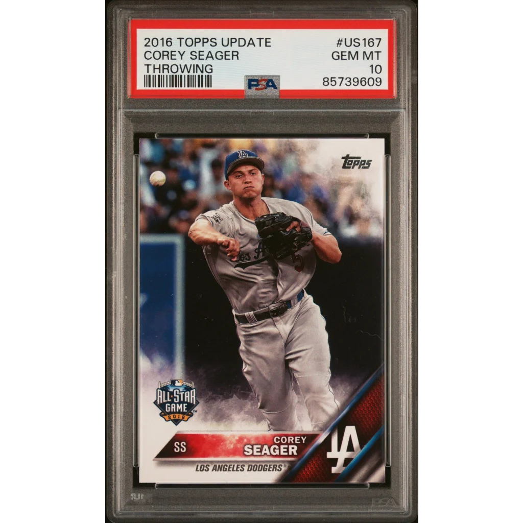 Corey Seager 2016 Topps Baseball Card PSA 10 GEM MT displayed in product listing