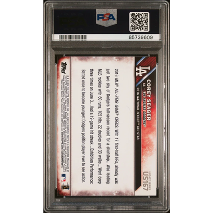 Graded 2016 Topps Corey Seager baseball card in PSA 10 GEM MT condition