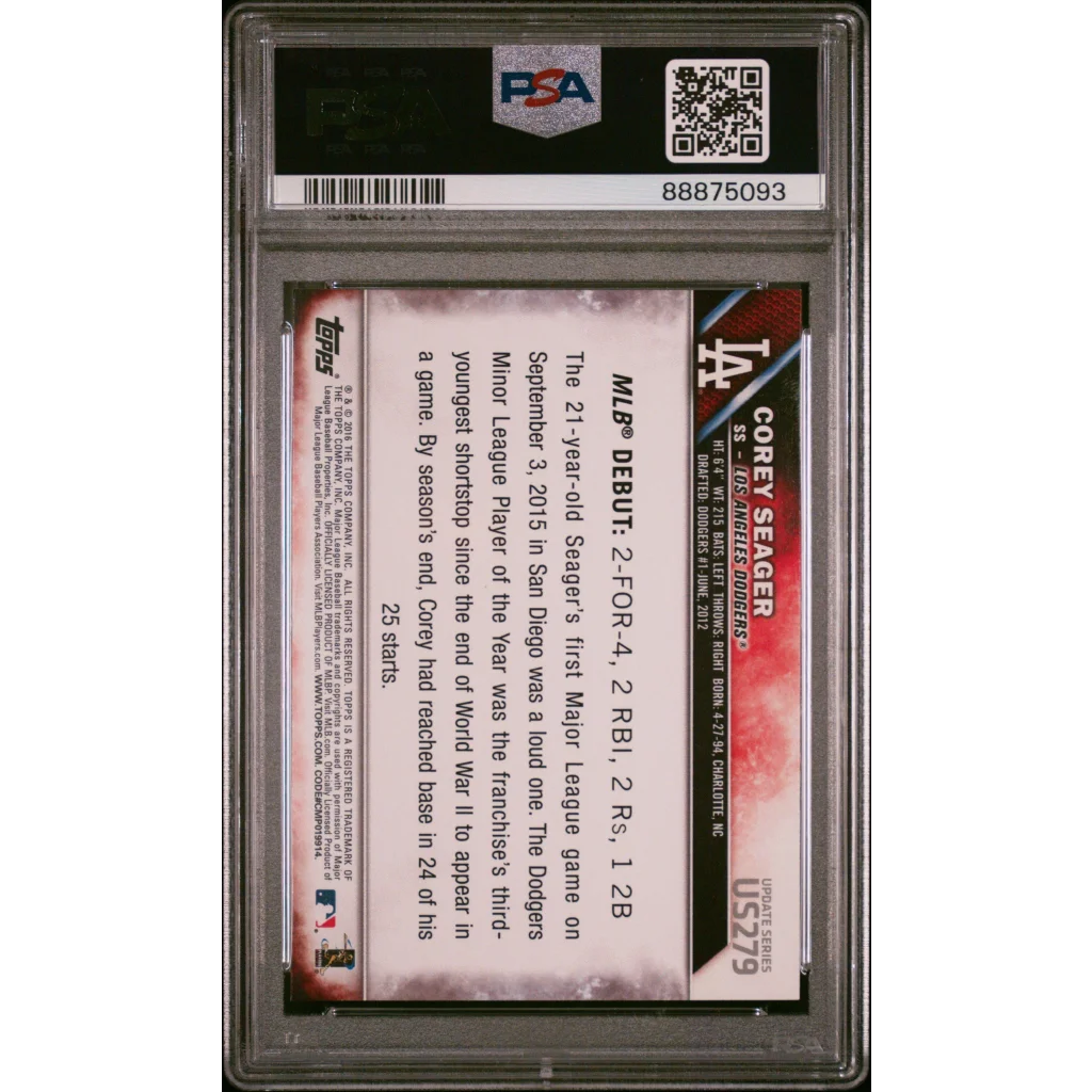 Graded Corey Seager 2016 Topps Update Rookie Card in PSA case, perfect for collectors