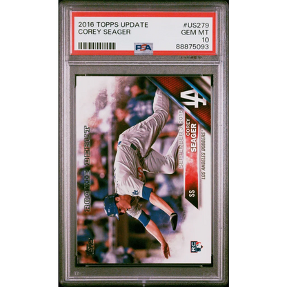 PSA graded 2016 Topps Update Corey Seager rookie card on display