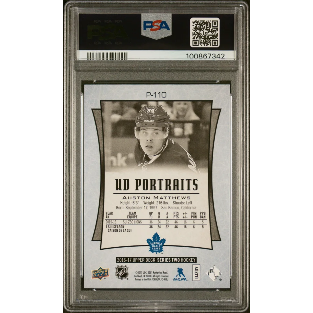 PSA graded Auston Matthews 2016 Upper Deck Portraits rookie hockey card image