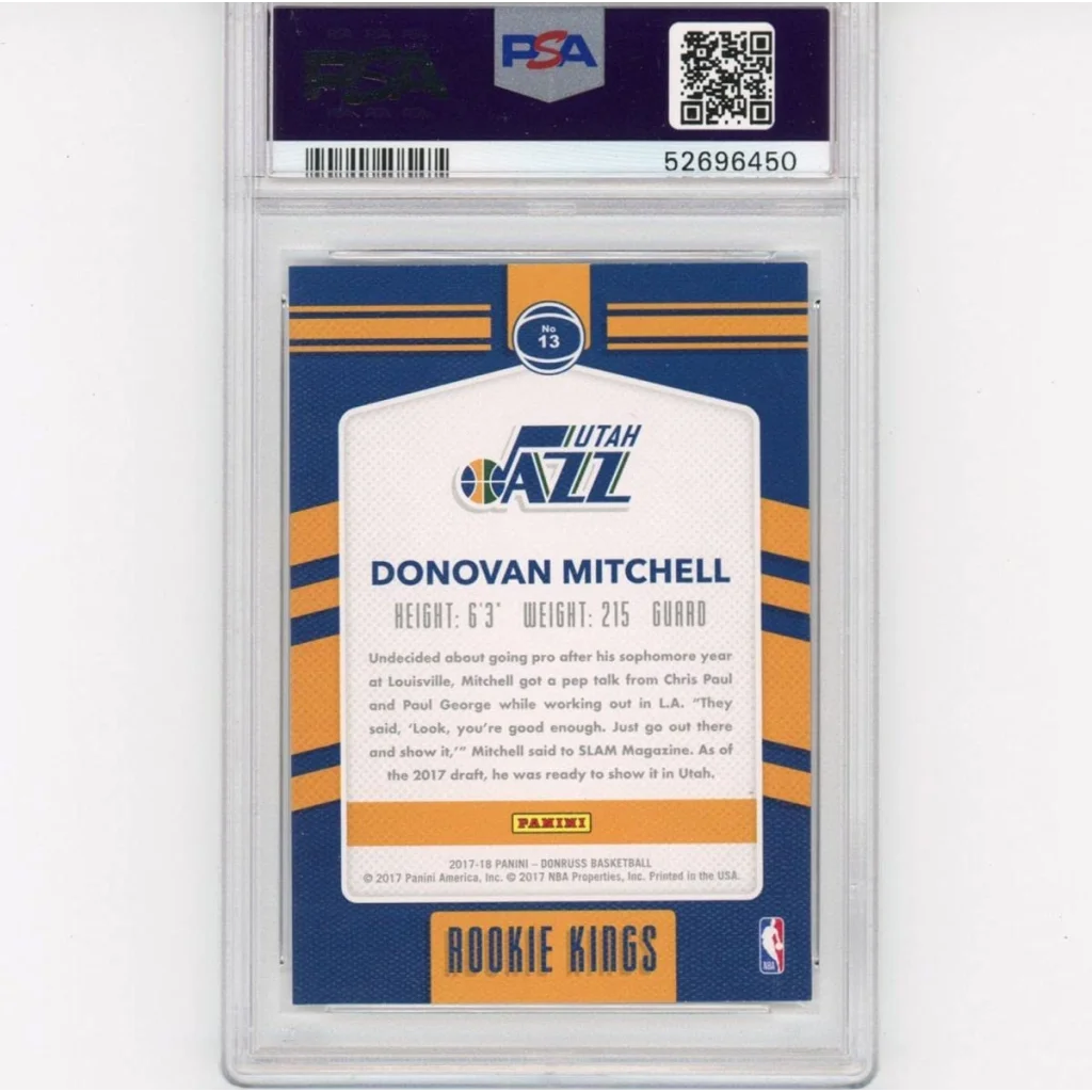 Graded Donovan Mitchell Rookie Kings basketball card from 2017 Panini Donruss PSA certified