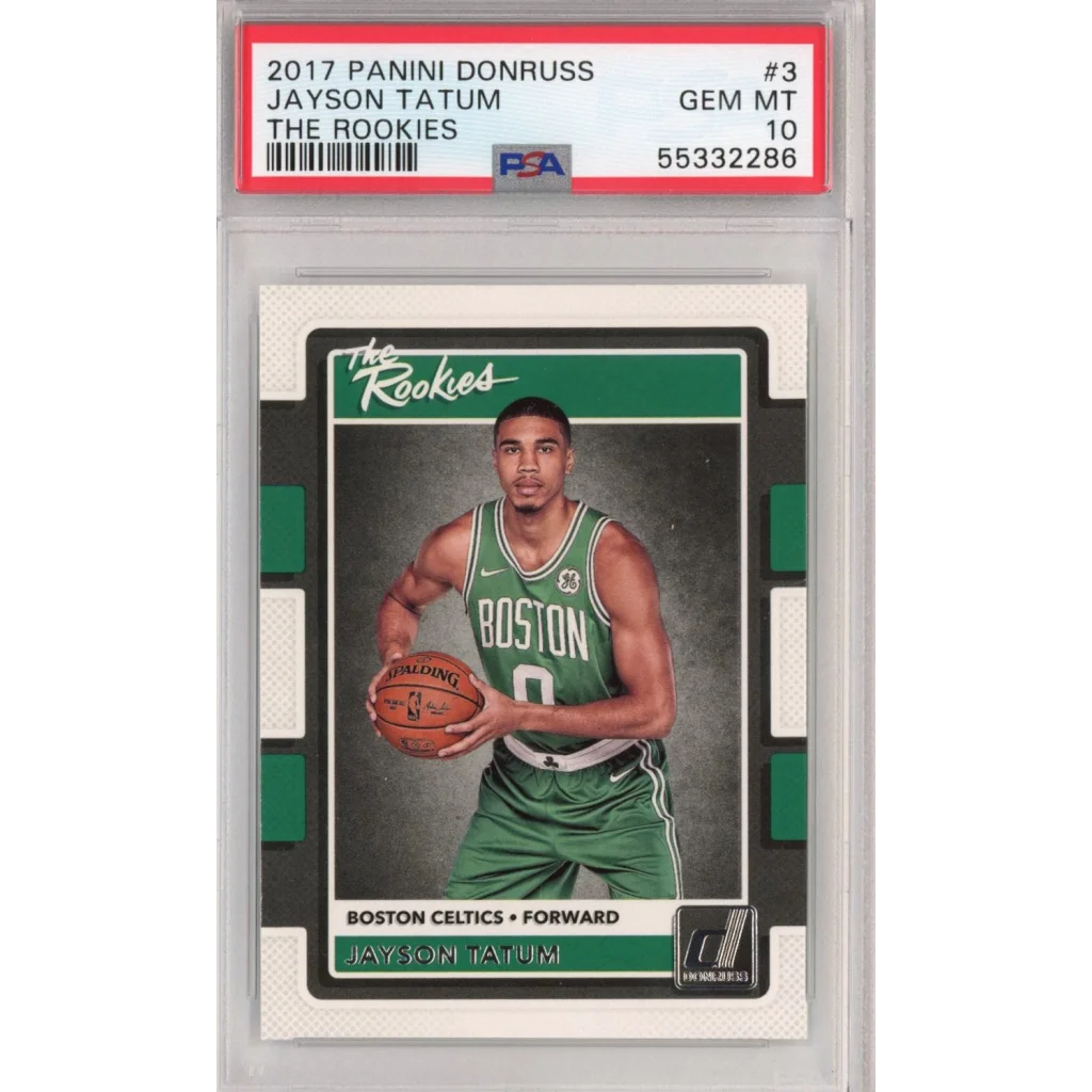 PSA graded Jayson Tatum 2017 Panini Donruss The Rookies rookie card from professional sports authenticator