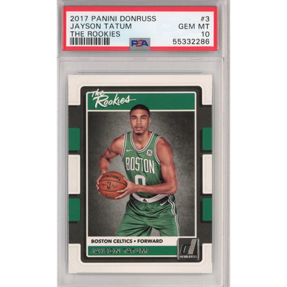 PSA graded Jayson Tatum 2017 Panini Donruss The Rookies rookie card from professional sports authenticator