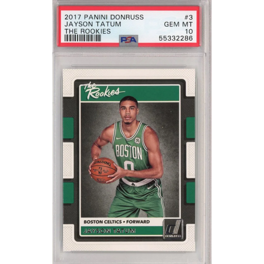 PSA graded Jayson Tatum 2017 Panini Donruss The Rookies rookie card from professional sports authenticator