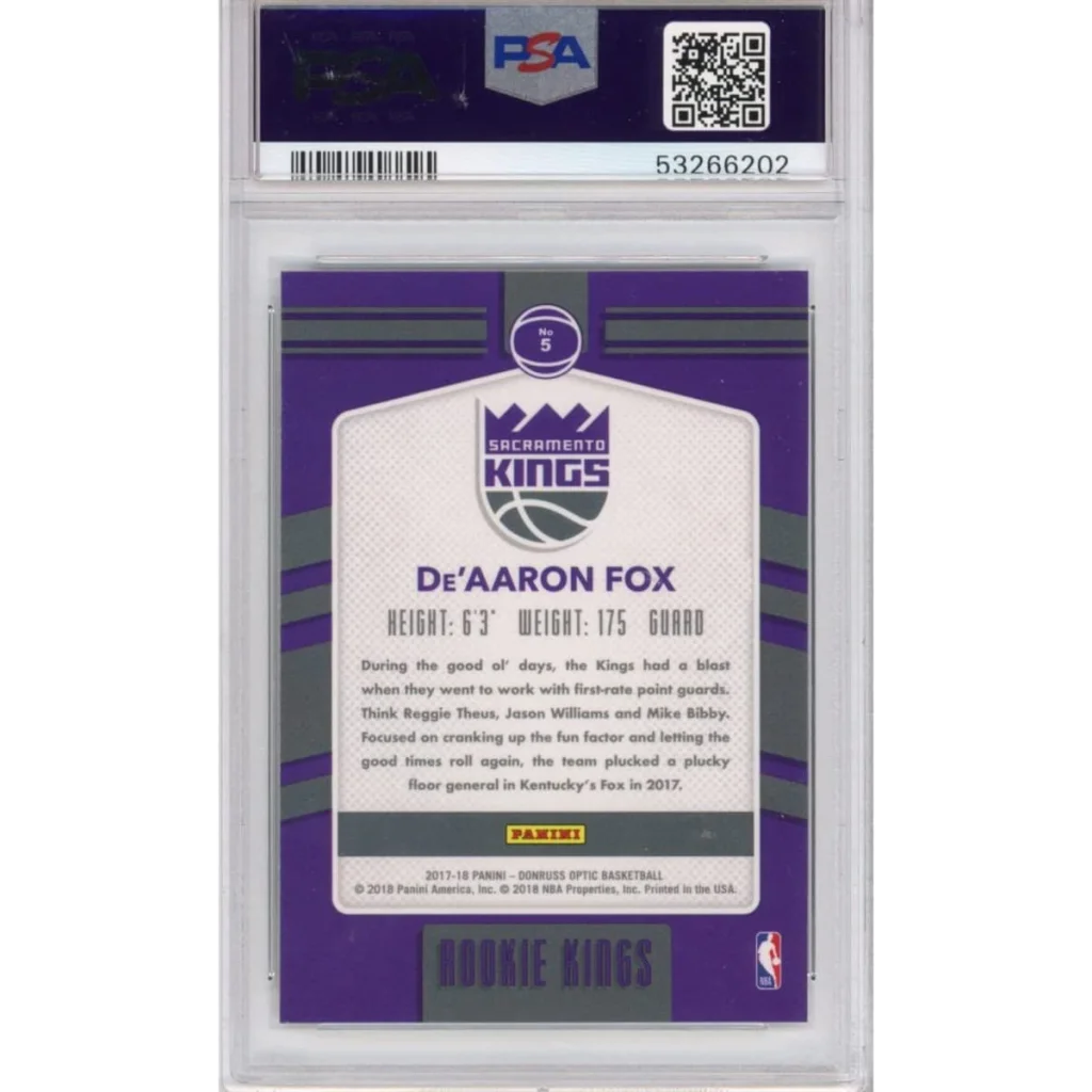 Graded 2017-18 Panini Donruss Optic De'Aaron Fox #5 Rookie Kings RC Basketball Card PSA 10 Gem Mint | PSA 10 Gem Mint Graded Rookie Card | vintageantiquesgifts.com