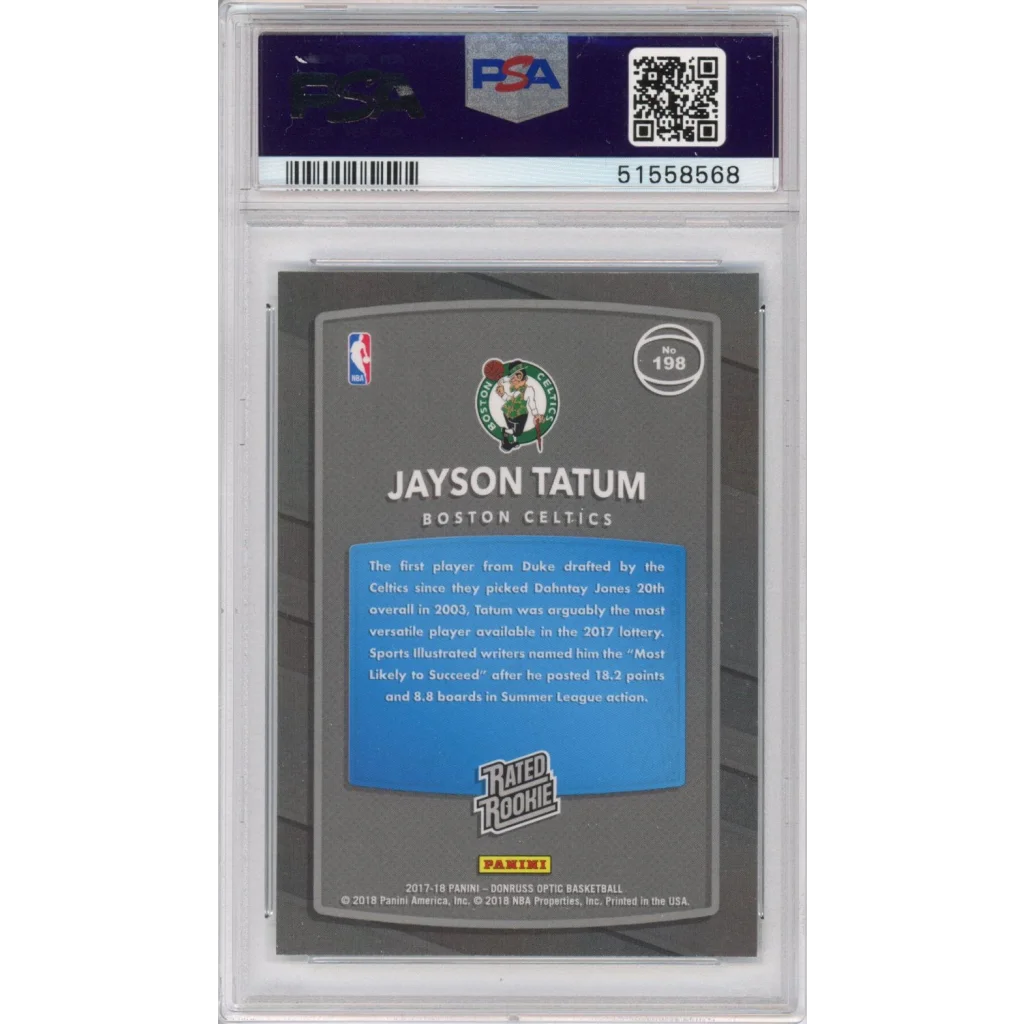 Graded 2017-18 panini donruss optic jayson tatum rookie basketball card in gray and blue psa 10 gem mint