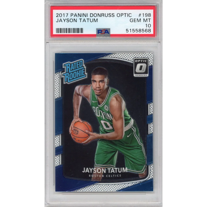 Jayson Tatum 2017 Panini Donruss Optic rookie card with PSA GEM MT 10 sports authenticator certification