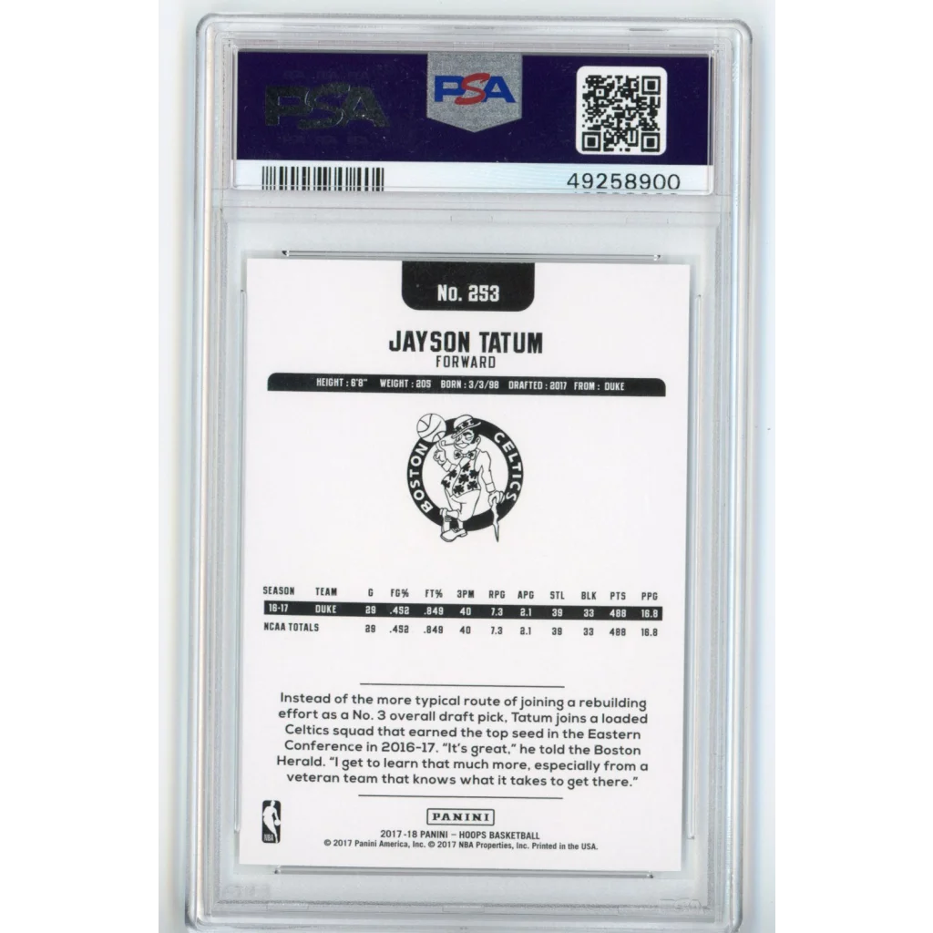 Graded 2017-18 Panini Hoops Jayson Tatum #253 Rookie RC Basketball Card PSA 10 Gem Mint | PSA 10 Gem Mint Graded Rookie Card | vintageantiquesgifts.com