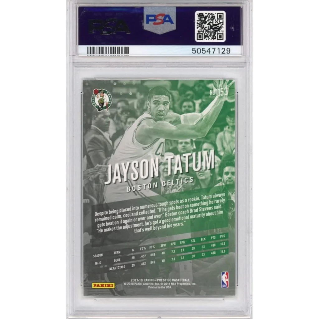 A green-tinted psa graded 2017-18 panini prestige basketball rookie card featuring jayson tatum of the boston celtics