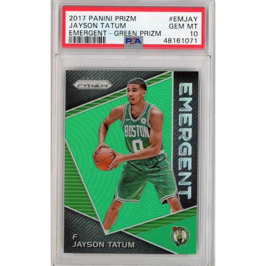 Graded 2017-18 Panini Prizm Jayson Tatum #EMJAY Green Emergent Prizm Rookie RC Basketball Card PSA 10 Gem Mint | Hall of Fame Sports Memorabilia | vintageantiquesgifts.com