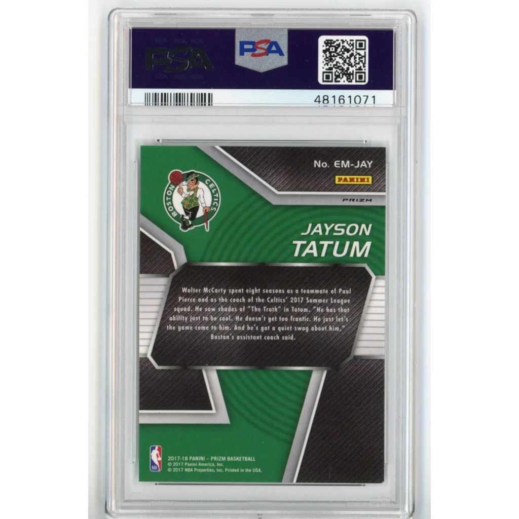 Jayson Tatum Panini Prizm PSA Graded Emergent Green Rookie Card on display