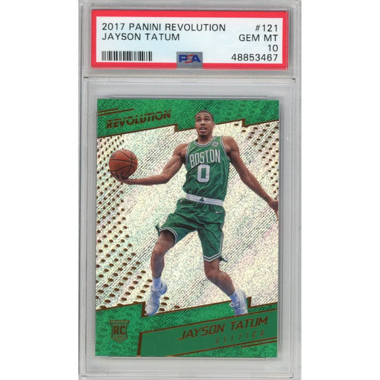 A graded Jayson Tatum 2017 Panini Revolution rookie basketball card in PSA Treasure packaging