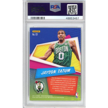 Graded Jayson Tatum 2017 Panini Revolution Rookie Card in PSA case for collectors