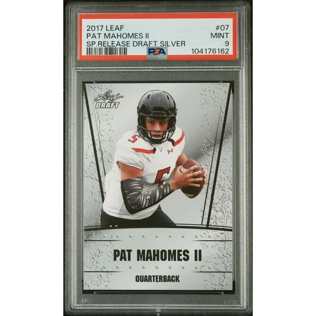 Graded 2017 Leaf Pat Mahomes II SP Draft Silver football card in PSA case