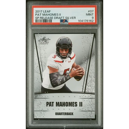 Graded 2017 Leaf Pat Mahomes II SP Draft Silver football card in PSA case