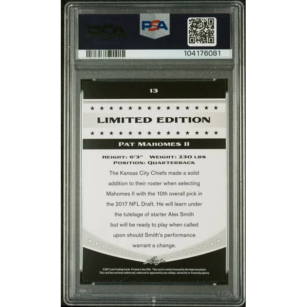 Graded 2017 Leaf Draft Patrick Mahomes II #13 Special Release Limited Edition Rookie RC Football Card PSA 10 Gem Mint | PSA 10 Gem Mint Graded Rookie Card | vintageantiquesgifts.com