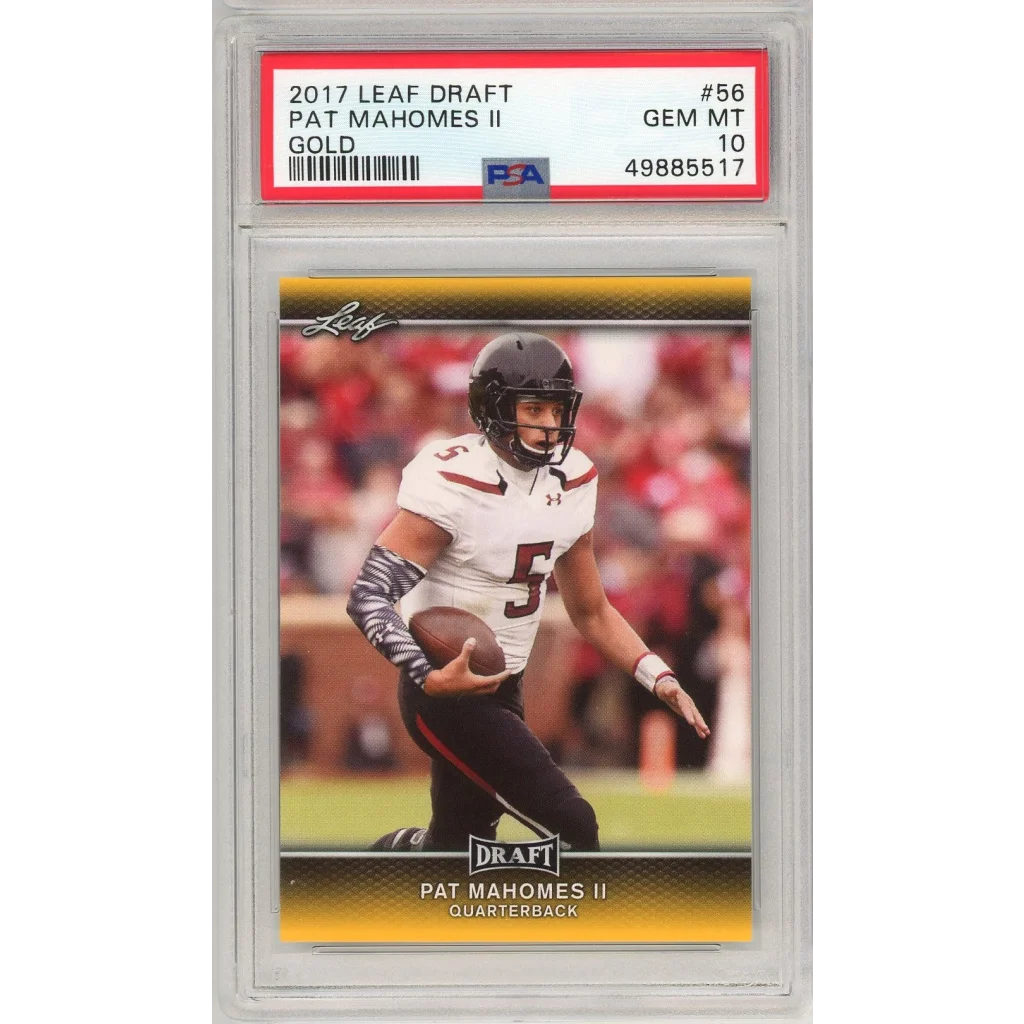 Graded 2017 Leaf Draft Patrick Mahomes II Gold #56 Rookie RC Football Card PSA 10 Gem Mint | Hall of Fame Sports Memorabilia | vintageantiquesgifts.com
